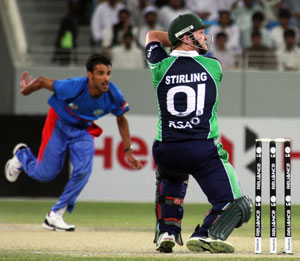 Man of the match Paul Stirling hits a six over third man in Ireland's victory over Afghanistan in the Final.