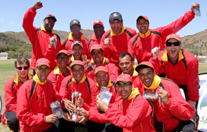 The Belgian squad celebrate winning the European Division 3 title in La Manga.